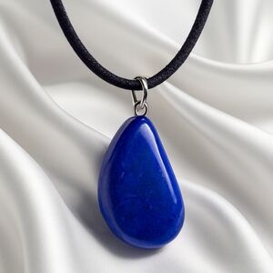 Natural Blue Stone Pendant Necklace on Black Cord - Unisex Bohemian Jewelry